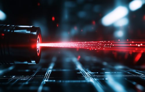 Macro shot of glowing red fiber tips emitting laser light into digital void, symbolizing precision and speed in communication tech